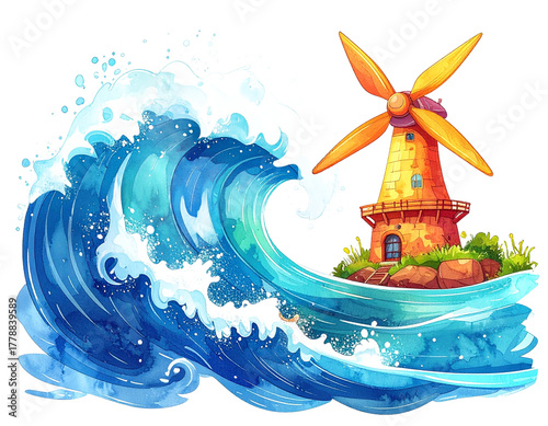 Pixelated Coastal Scene With Watercolor Wave And Orange Windmill Isolated on Transparent Background