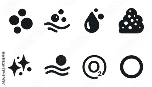 Black icons representing bubbles, waves, droplet, and particles on gradient background