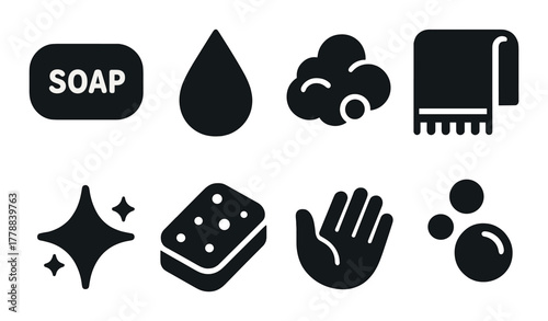 Monochrome hygiene icons including soap, water drop, sponge, hand, towel, cloud