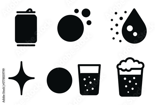 Silhouettes of beverage and cleaning symbols on dark background