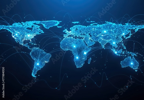 Digital world map with glowing nodes and connection lines