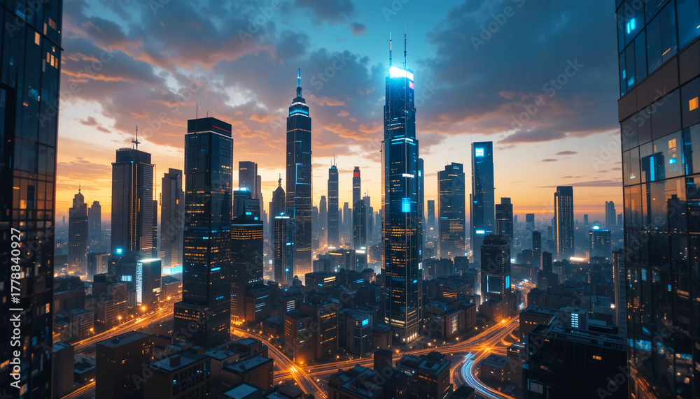 Fototapeta premium Futuristic cityscape at dusk with illuminated skyscrapers and dramatic sky