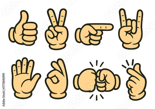 Cartoon hand gestures: thumbs up, peace, pointing, rock, stop, okay, fist bump, snap