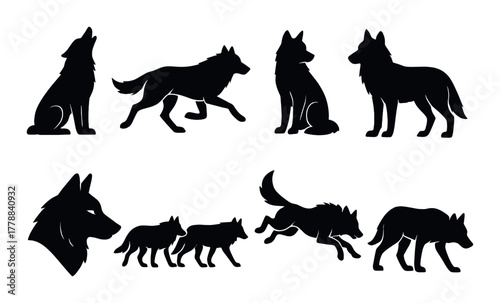 Silhouettes of wolves in various poses and stances on dark background