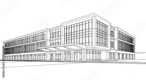 Office building facade modern architecture vector line art illustration.