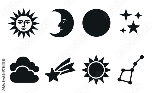 Celestial icons collection featuring sun, moon, stars, and clouds in black and white