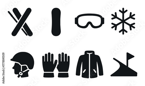 Winter sports icons: skis, snowboard, goggles, snowflake, helmet, gloves, jacket, ramp