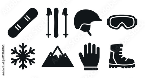 Winter sports equipment icons: snowboard skis helmet goggles snowflake mountain glove boot