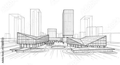 Modern city skyline with buildings architecture vector line art illustration.