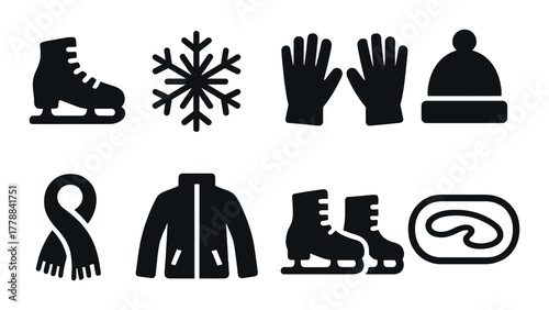 Winter icon set: ice skates, snowflake, gloves, hat, scarf, jacket, rink