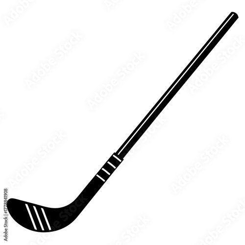 Black silhouette of a hockey stick with white markings isolated on white background
