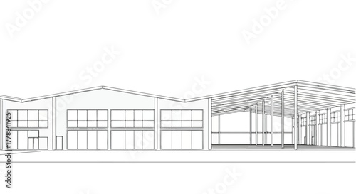 Warehouse industrial building architecture vector line art illustration.