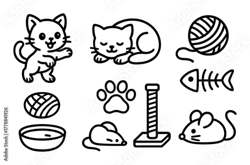 Cute cat and kitten icons with toys and accessories on dark background
