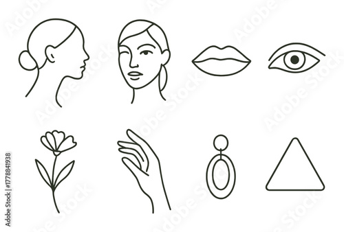 Minimalist line drawing of female faces, eye, lips, hand, flower, earring, triangle