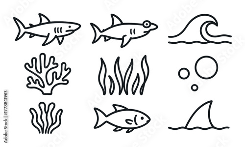 Set of marine icons featuring fish, shark, coral, waves, bubbles, and seaweed