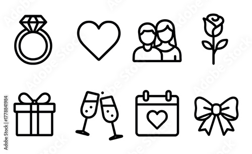 Romantic icons set: ring, heart, couple, rose, gift, champagne, calendar, bow