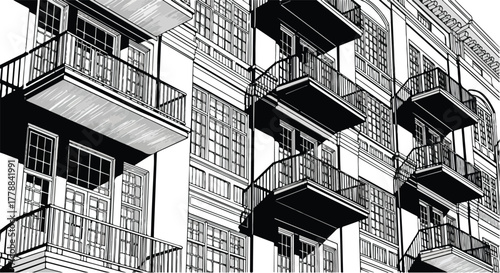 Apartment balconies pattern modern architecture vector line art illustration.