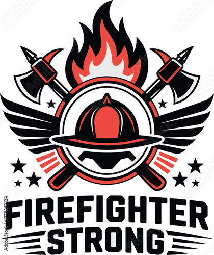 Firefighter strong design with a fire helmet, crossed axes, and wings on transparent background