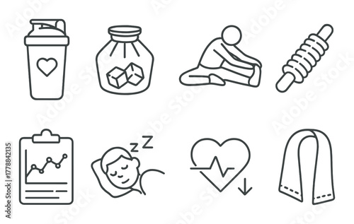 Fitness and wellness icons: exercise, nutrition, heart health, sleep, stretching