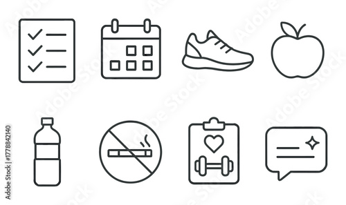 Health lifestyle icons: checklist, calendar, shoe, apple, water, no smoking, fitness, chat