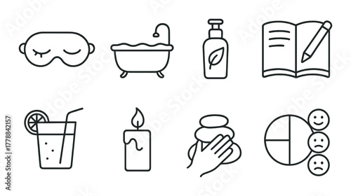 Wellness icons: eye mask, bathtub, lotion, journal, drink, candle, massage, mood scale