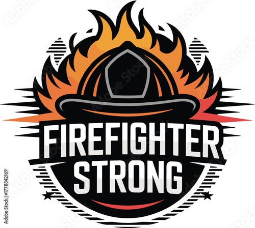 Firefighter strong design with a fire helmet and flames surrounded by a circular badge