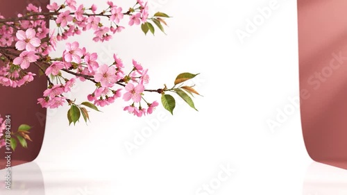 Branches with pink cherry blossoms and leaves on a reflective white surface, background