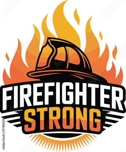 Firefighter strong logo with helmet and flames for emergency services