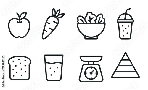 Healthy eating icons: apple, carrot, salad, smoothie, bread, water, scale, pyramid