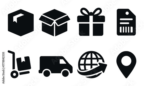 Dark mode delivery icons: package, gift, truck, globe, location