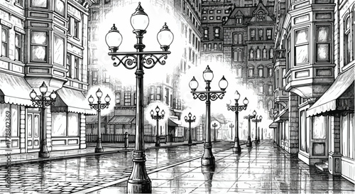 Street with lanterns at night urban architecture illustration.