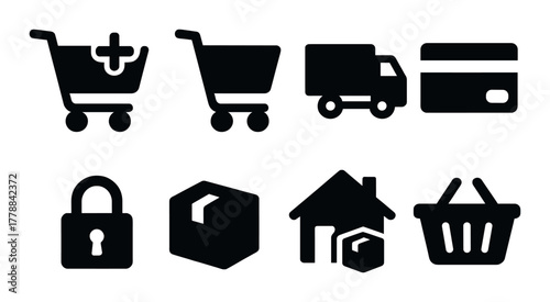 Shopping and delivery icons featuring cart, truck, house, and basket symbols