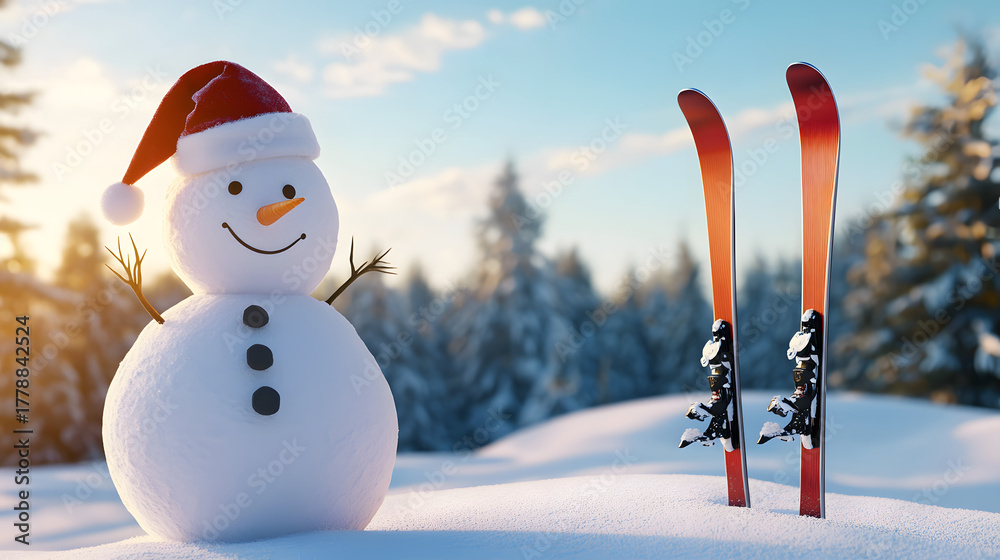 Obraz premium A cute snowman in a snowy meadow next to skis against the backdrop of a snowy forest and sunny sky