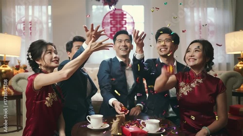 group of people in traditional Chinese clothing are gathered around a table with tea and a small red figurine. Concept of celebrating Chinese New Year with family and good fortune.