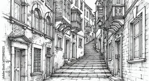 Old alley with stairs urban architecture detailed vector line art illustration.