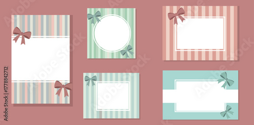 Set of five decorative frames pastel stripes bows, perfect for invitations, greeting cards, or scrapbooking projects