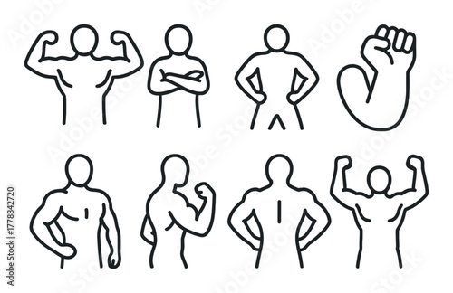 Silhouette icons of muscular poses and strength symbols on dark background