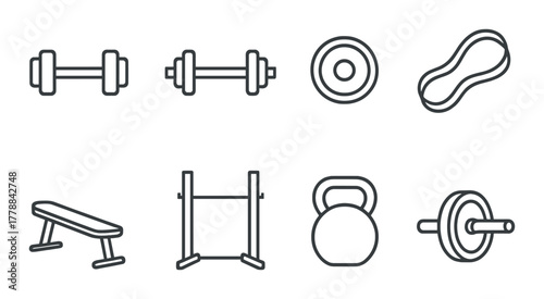 Minimalist gym equipment icons on dark background