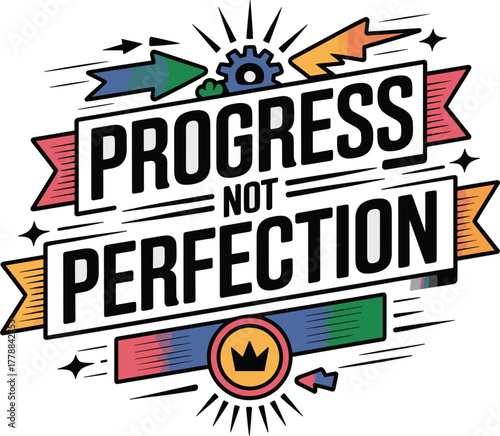 Progress not perfection banner with gears, arrows, and decorative ribbons