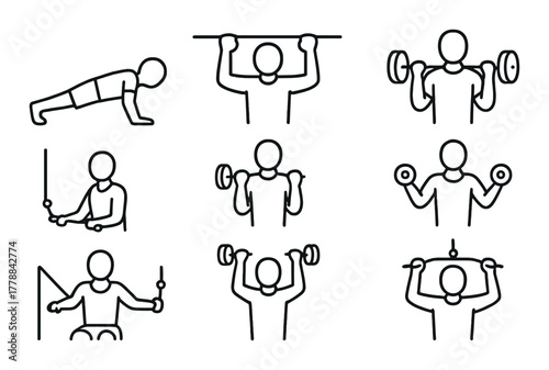 Simple line art illustrations of exercise and fitness icons