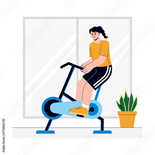 Woman exercising on gym cycle Illustration