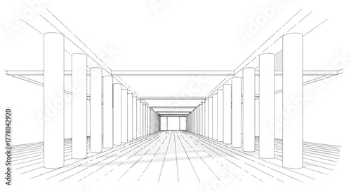 Architectural corridor perspective modern structure vector line art illustration.