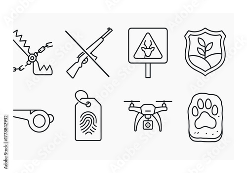 Outline icons: bear trap, no guns, deer sign, environmental shield, whistle, fingerprint tag, drone, paw print