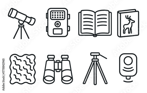 Outline icons of telescope, camera, book, binoculars, tripod, sensor