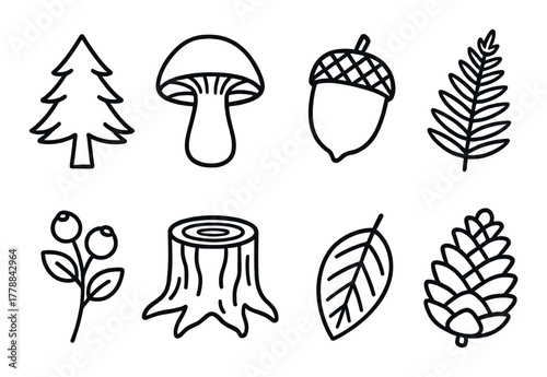 Nature icons: tree, mushroom, acorn, leaf, berry, stump, and pine cone silhouettes