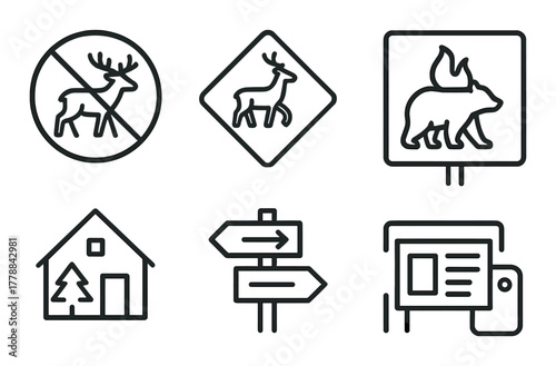 Wildlife warning and safety signs illustration with animals and directions