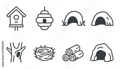 Set of line art nature icons featuring birdhouse beehive cave and nest designs