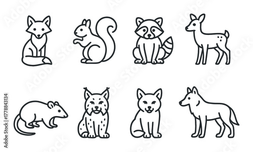 Forest animals: fox, squirrel, raccoon, deer, mouse, lynx, dog, wolf silhouettes