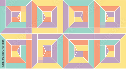 Abstract geometric pattern of nested pastel squares with white outlines and perspective