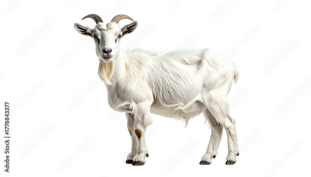 Fototapeta premium Full white goat standing, facing forward